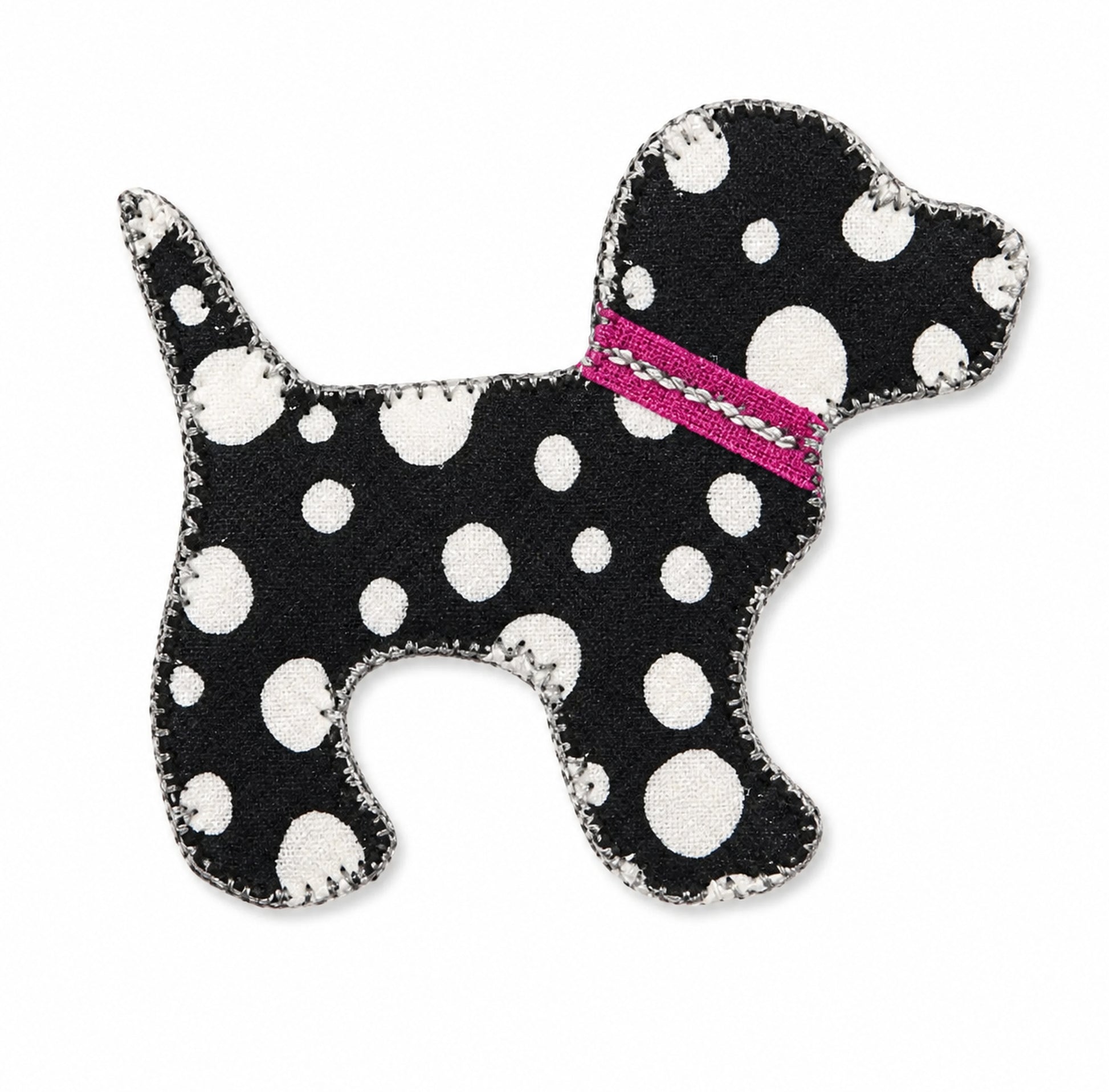 AccuQuilt GO! Gingham Dog appliqued in black polka dot fabric with a pink ribbon collar