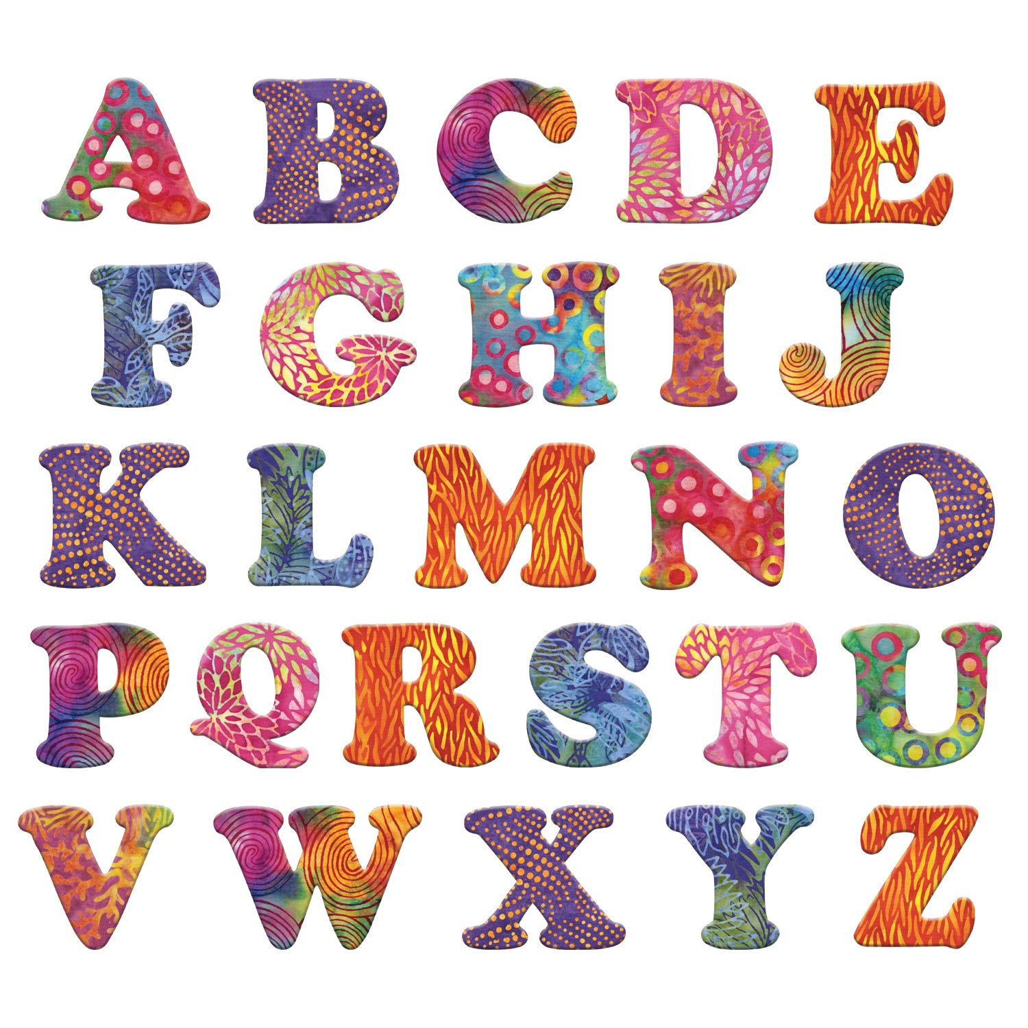 AccuQuilt GO! Carefree Alphabet A-Z shapes in colourful batik prints