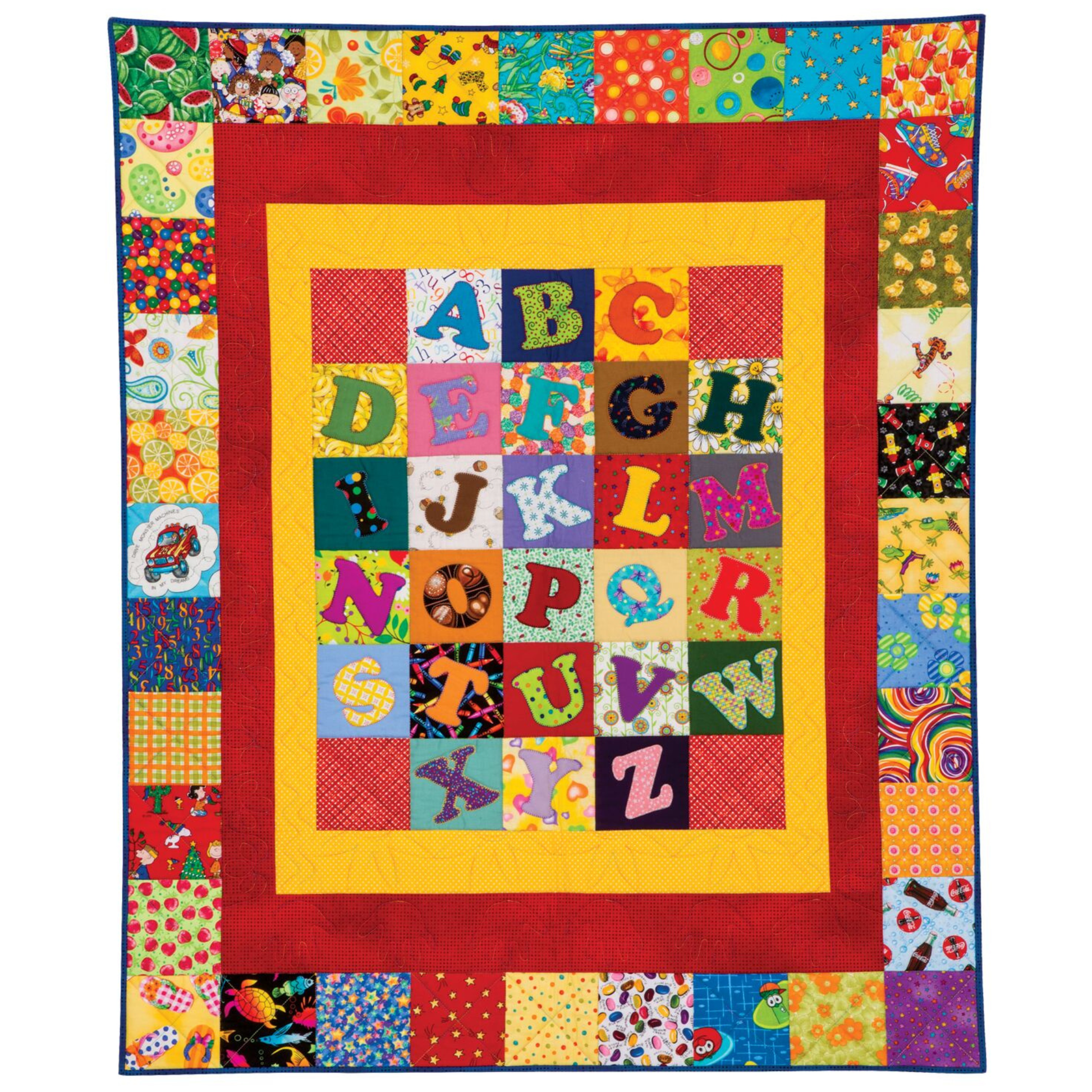 AccuQuilt GO! Carefree Alphabet A-Z quilt with bright letters on a scrappy novelty print border