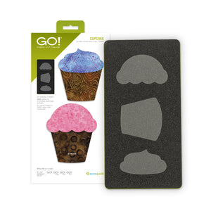 AccuQuilt GO! Cupcake die packaging with a blue swirl and a pink scalloped icing cupcake