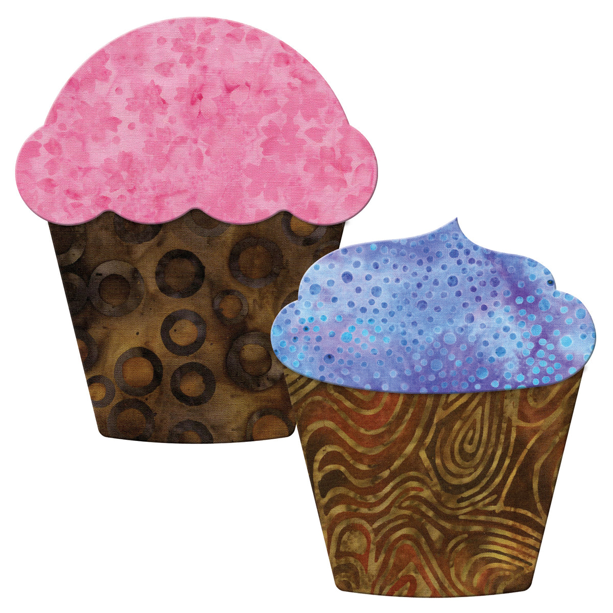 AccuQuilt GO! Cupcake shapes in pink scalloped and blue swirl icing on batik wrapper prints