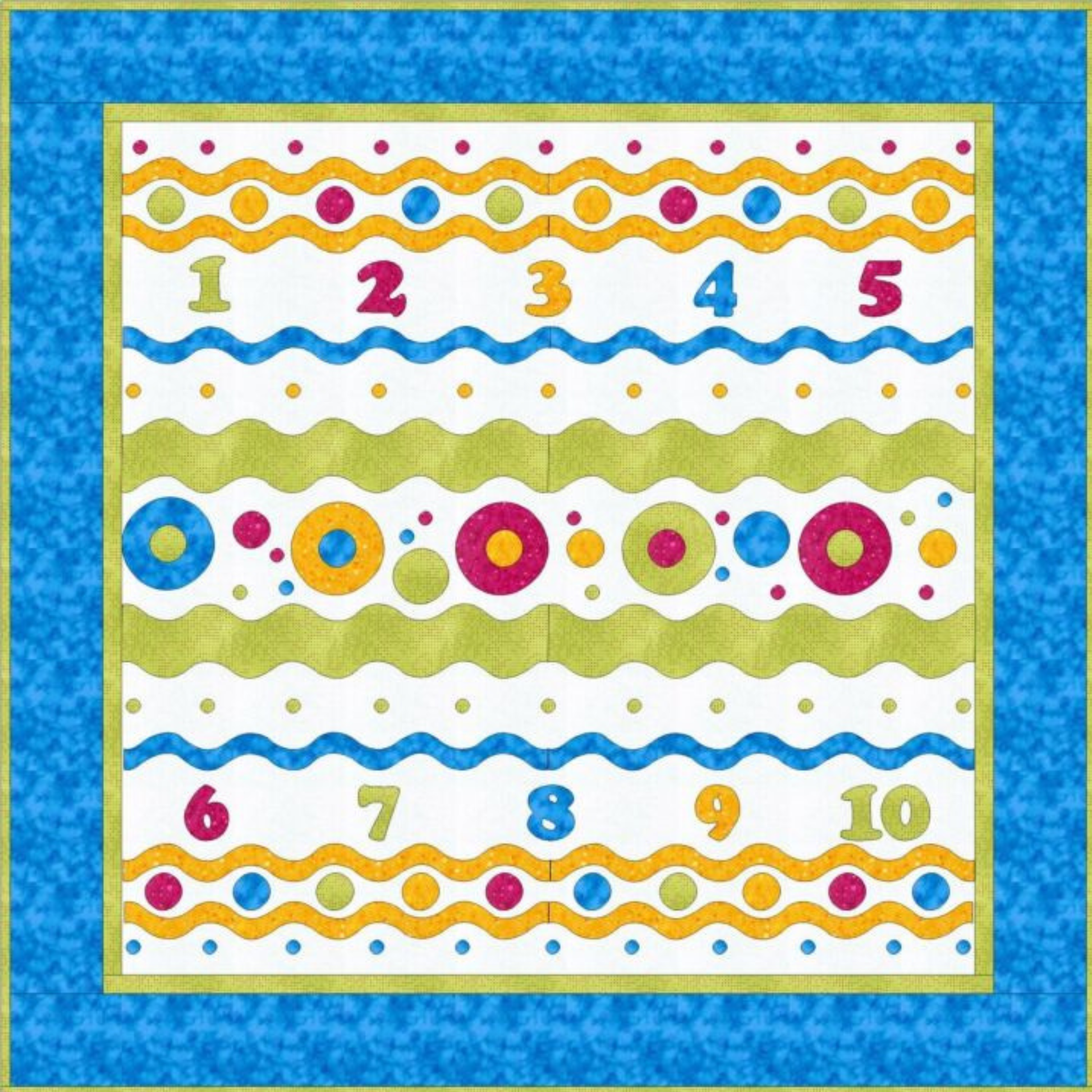Design diagram for a numbers 1-10 quilt with wavy borders and dot and circle rows