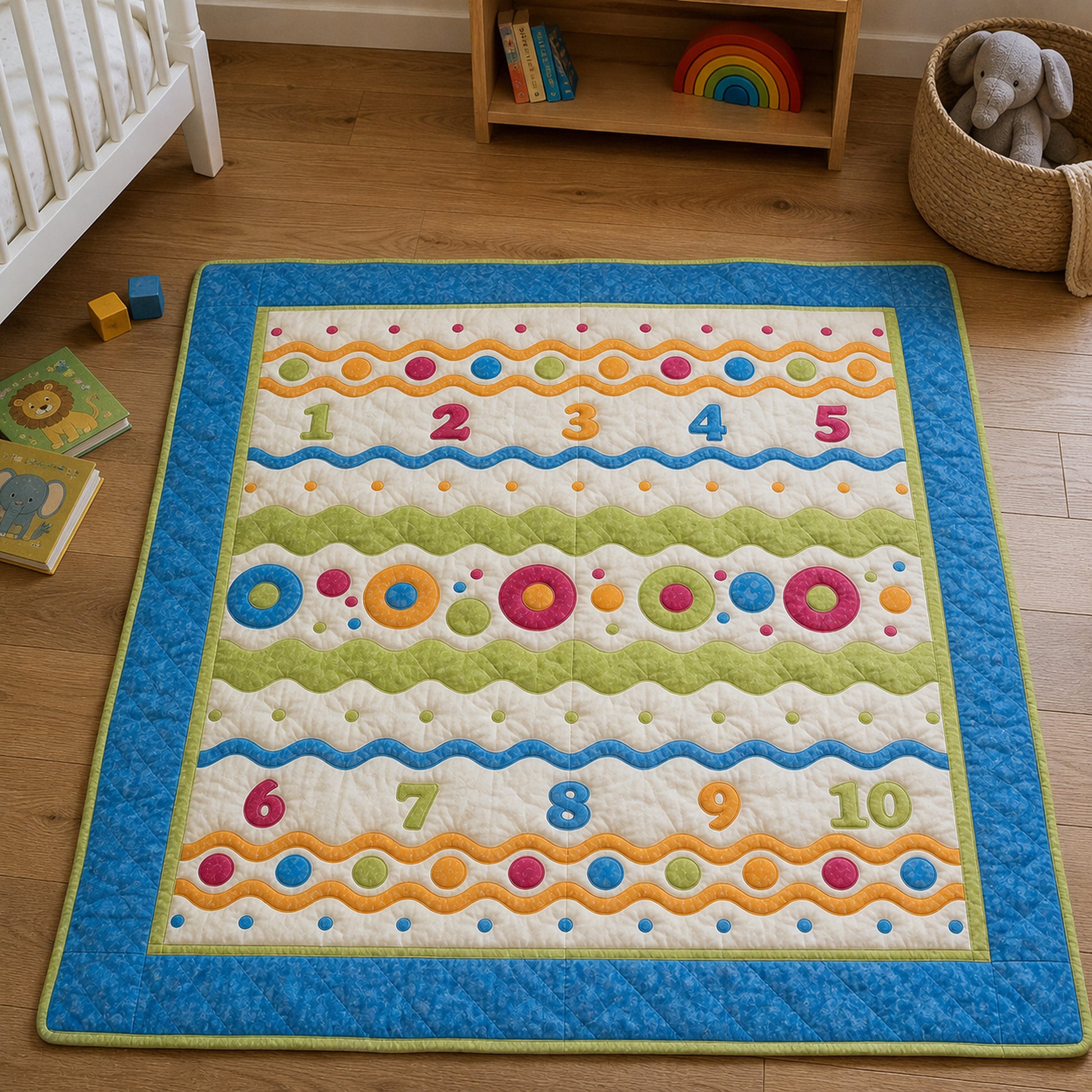 AccuQuilt GO! Carefree Numbers 1-10 quilted play mat styled on a nursery floor with toys