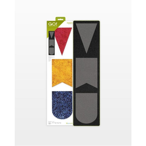 AccuQuilt GO! Pennants die packaging with red triangle, yellow banner and blue rounded flag shapes
