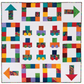 Design diagram for a toy car quilt with arrow corners and circle-wheeled car blocks