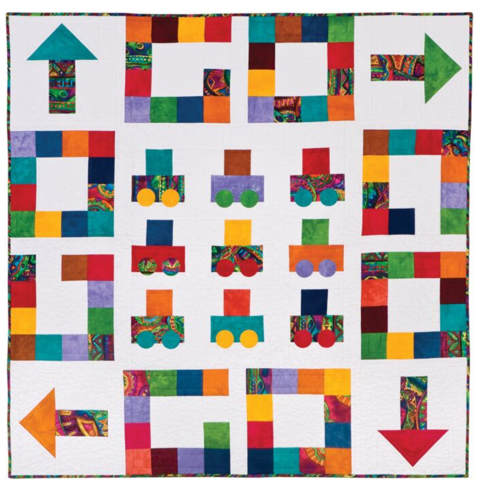 Design diagram for a toy car quilt with arrow corners and circle-wheeled car blocks