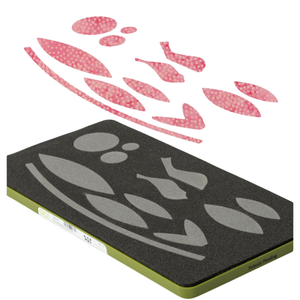 AccuQuilt GO! Simple Shapes die at an angle with pink dotted petal and leaf shapes cut above it