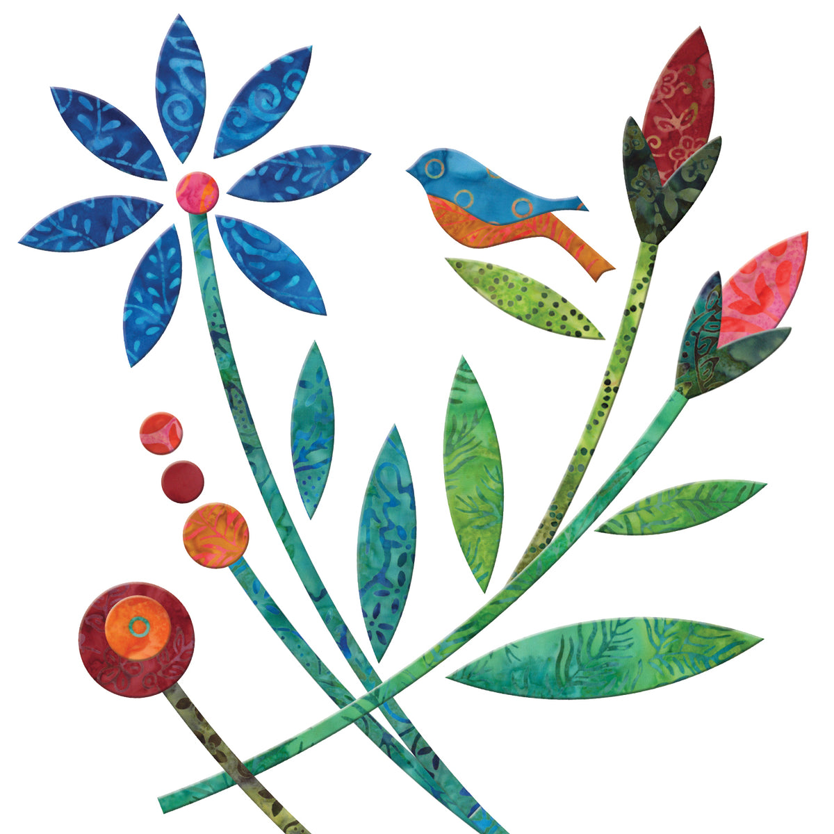 AccuQuilt GO! Simple Shapes forming a blue batik flower, leaves, a bird and layered berry circles