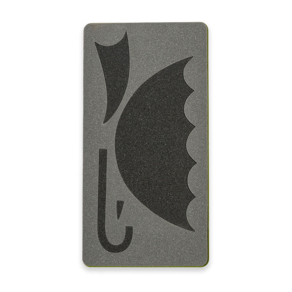 AccuQuilt GO! Dancing Umbrella cutting die shown flat with the scalloped canopy and hook handle