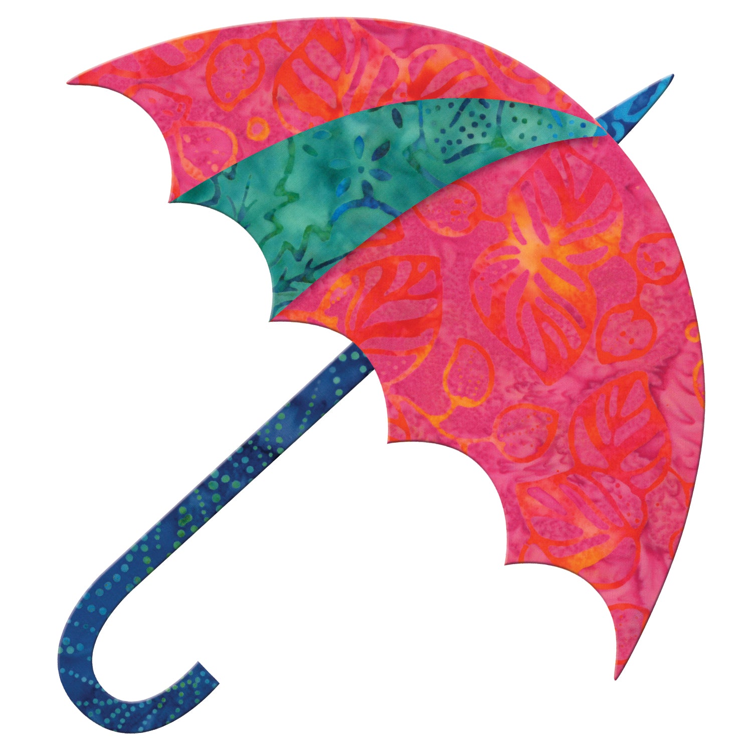 AccuQuilt GO! Dancing Umbrella shape in pink leaf print with a teal panel and navy dotted handle