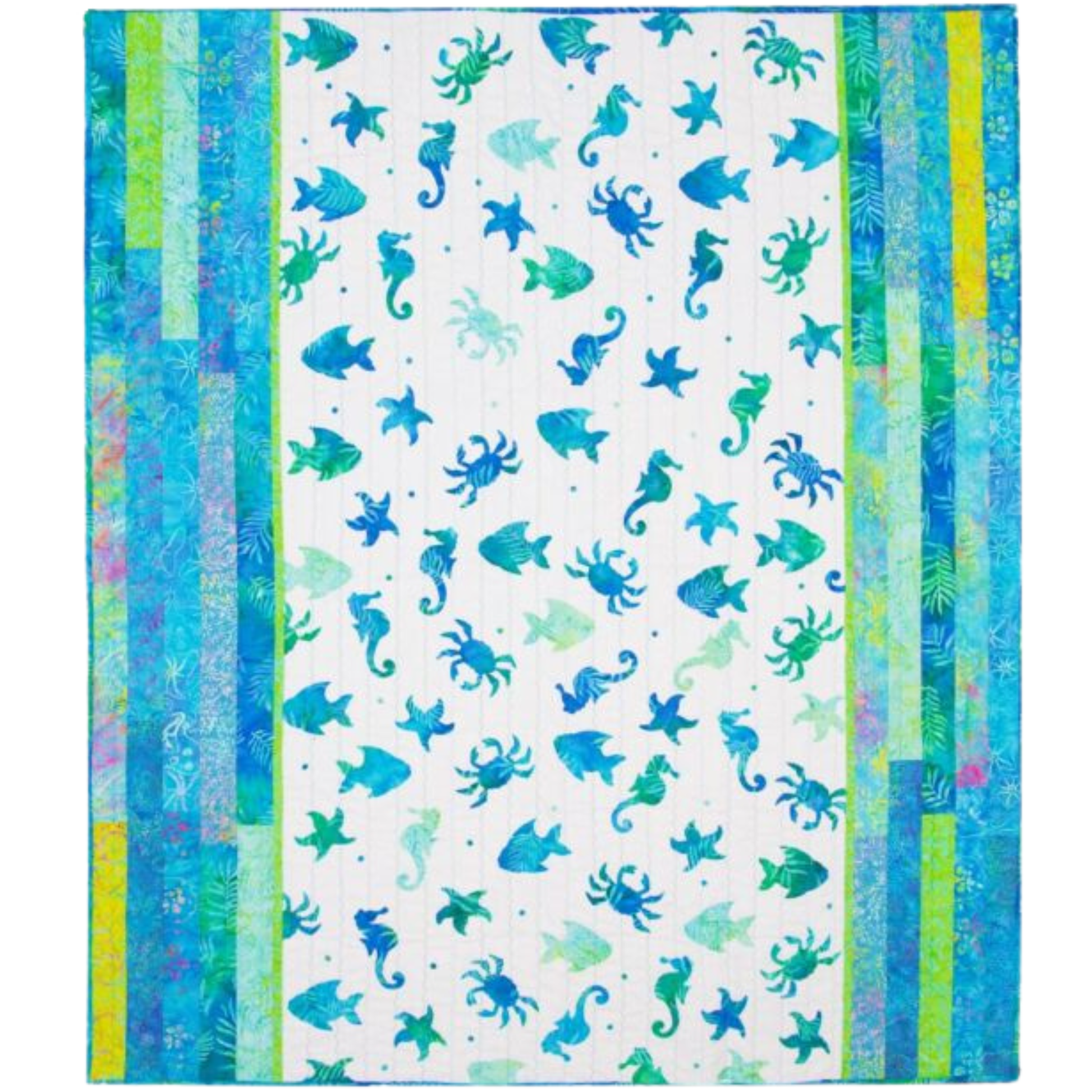 AccuQuilt GO! Sea Life Medley crabs, fish, seahorses and starfish scattered across a striped border quilt