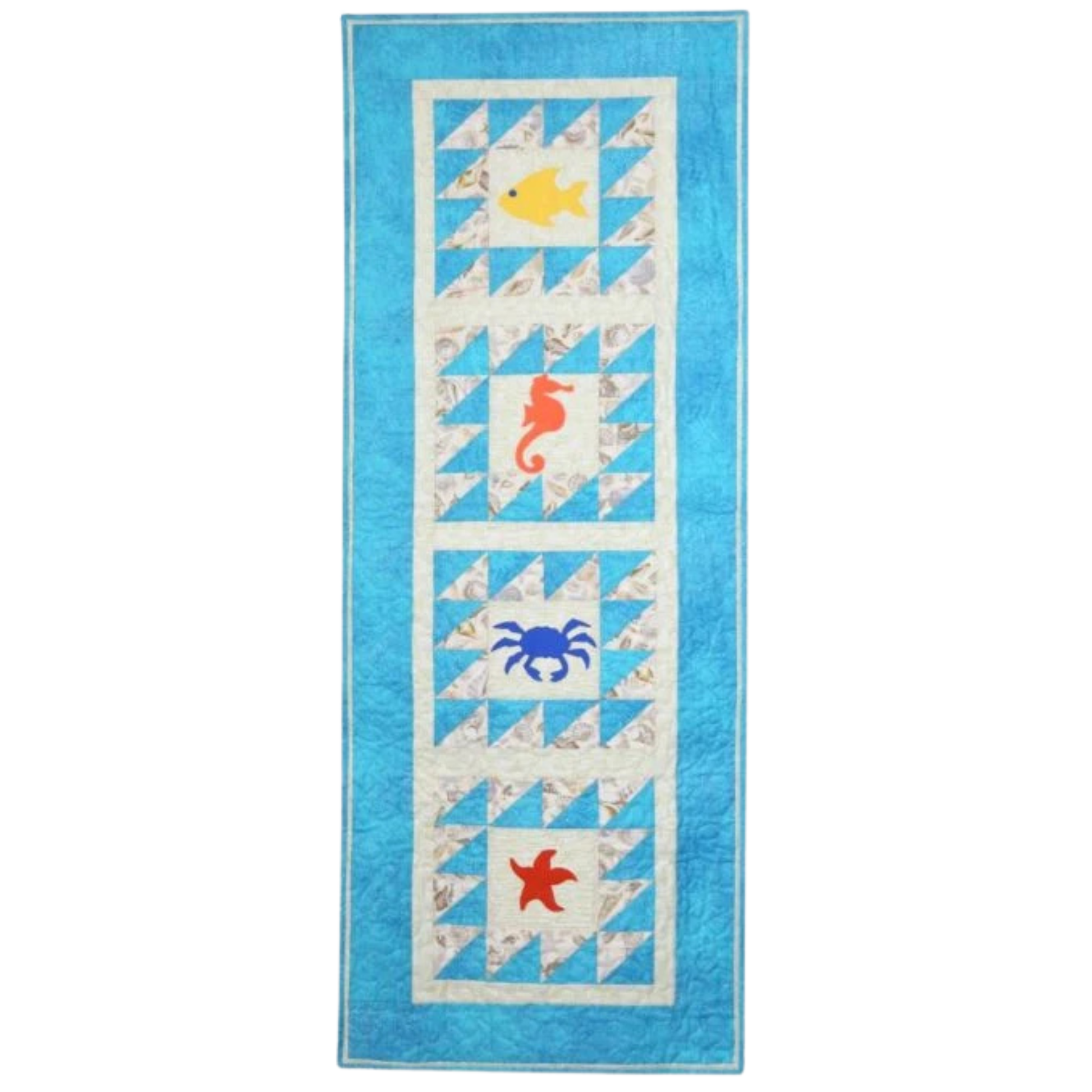 AccuQuilt GO! Sea Life Medley table runner with fish, seahorse, crab and starfish blocks