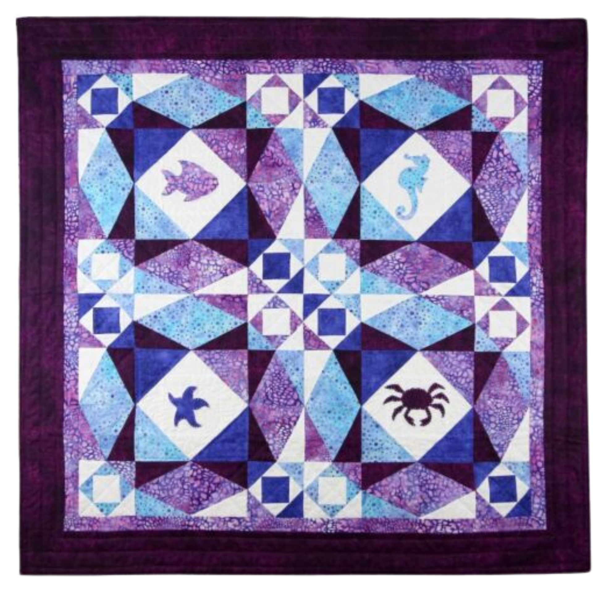 AccuQuilt GO! Sea Life Medley fish, seahorse, starfish and crab in a purple and blue diamond quilt