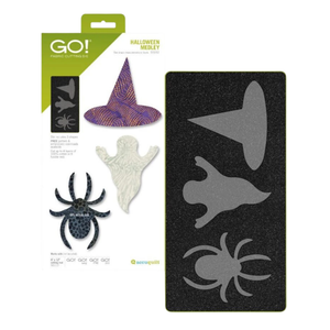AccuQuilt GO! Halloween Medley die packaging with a purple witch hat, cream ghost and spider