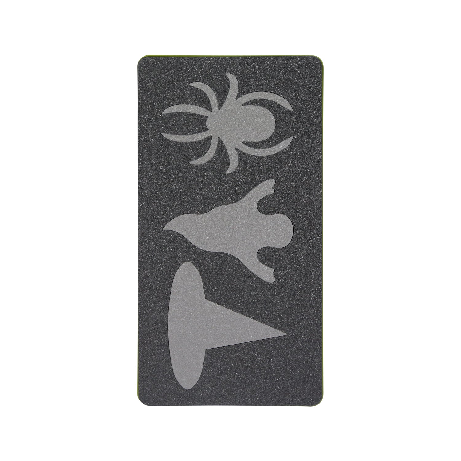 AccuQuilt GO! Halloween Medley cutting die shown flat with witch hat, ghost and spider shapes
