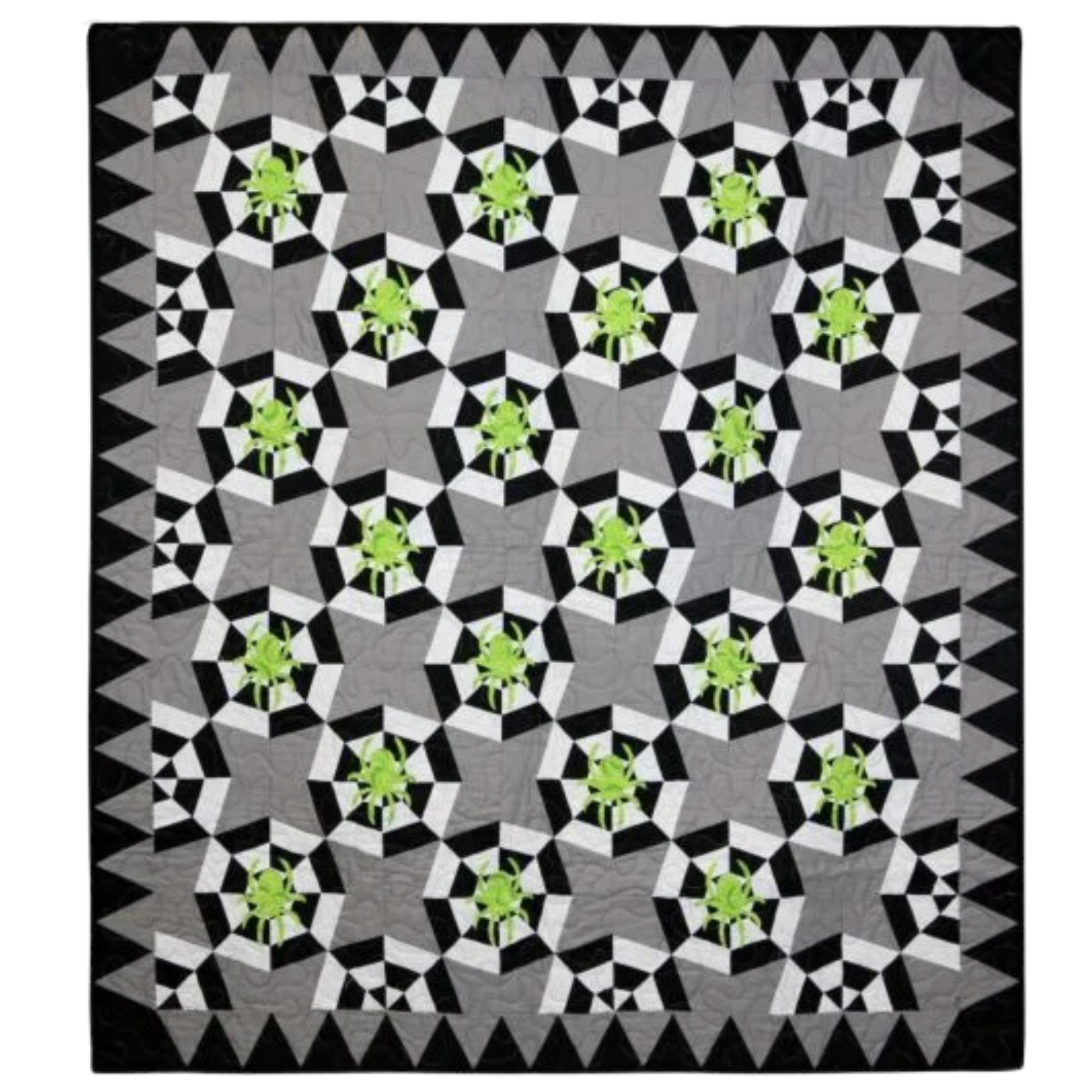 AccuQuilt GO! Halloween Medley green spiders on a black, white and grey star quilt with sawtooth border