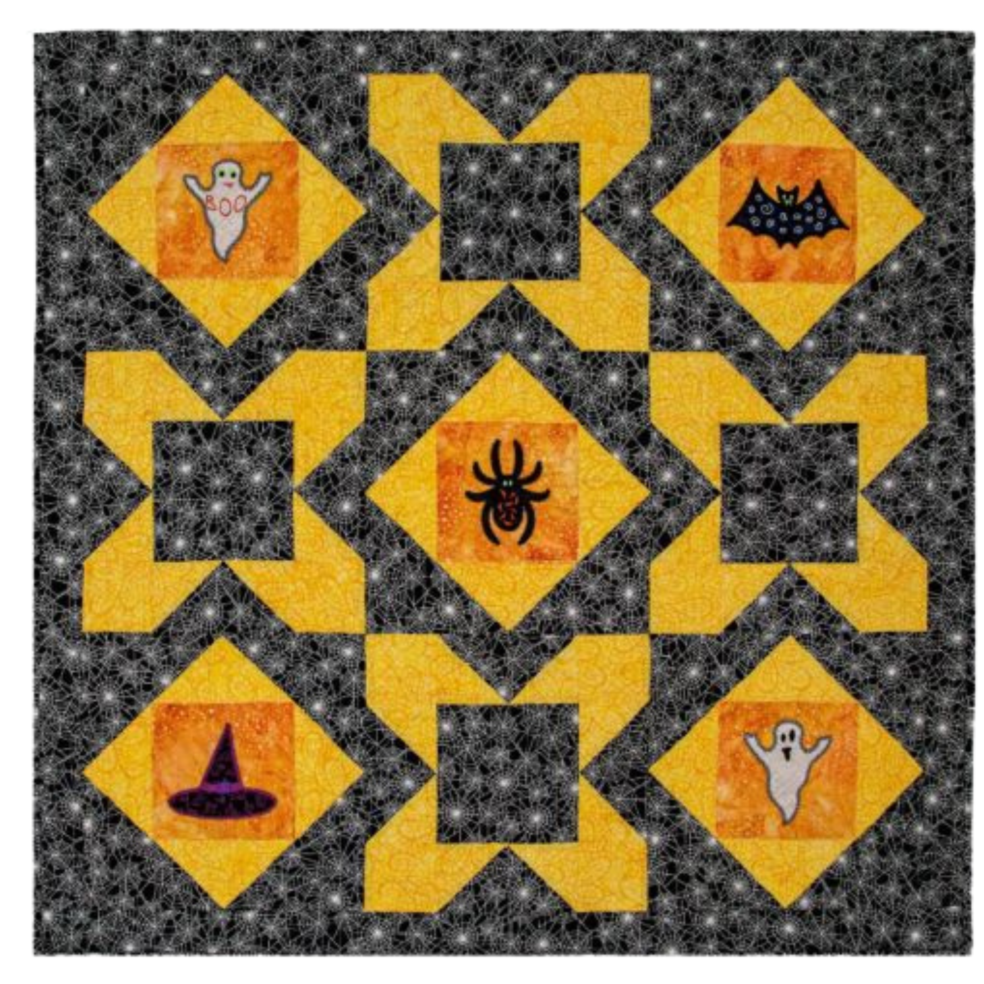 Design diagram for a yellow star quilt with ghost, bat, spider and witch hat blocks on a web print