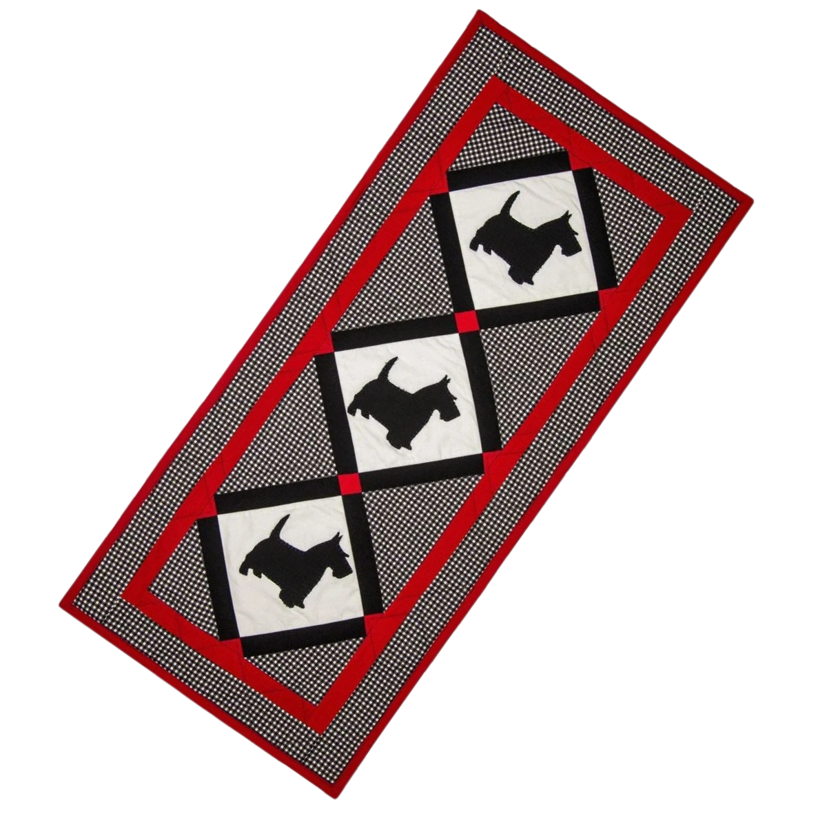 AccuQuilt GO! Scottie Dog table runner with three black dogs on red and gingham diamond blocks