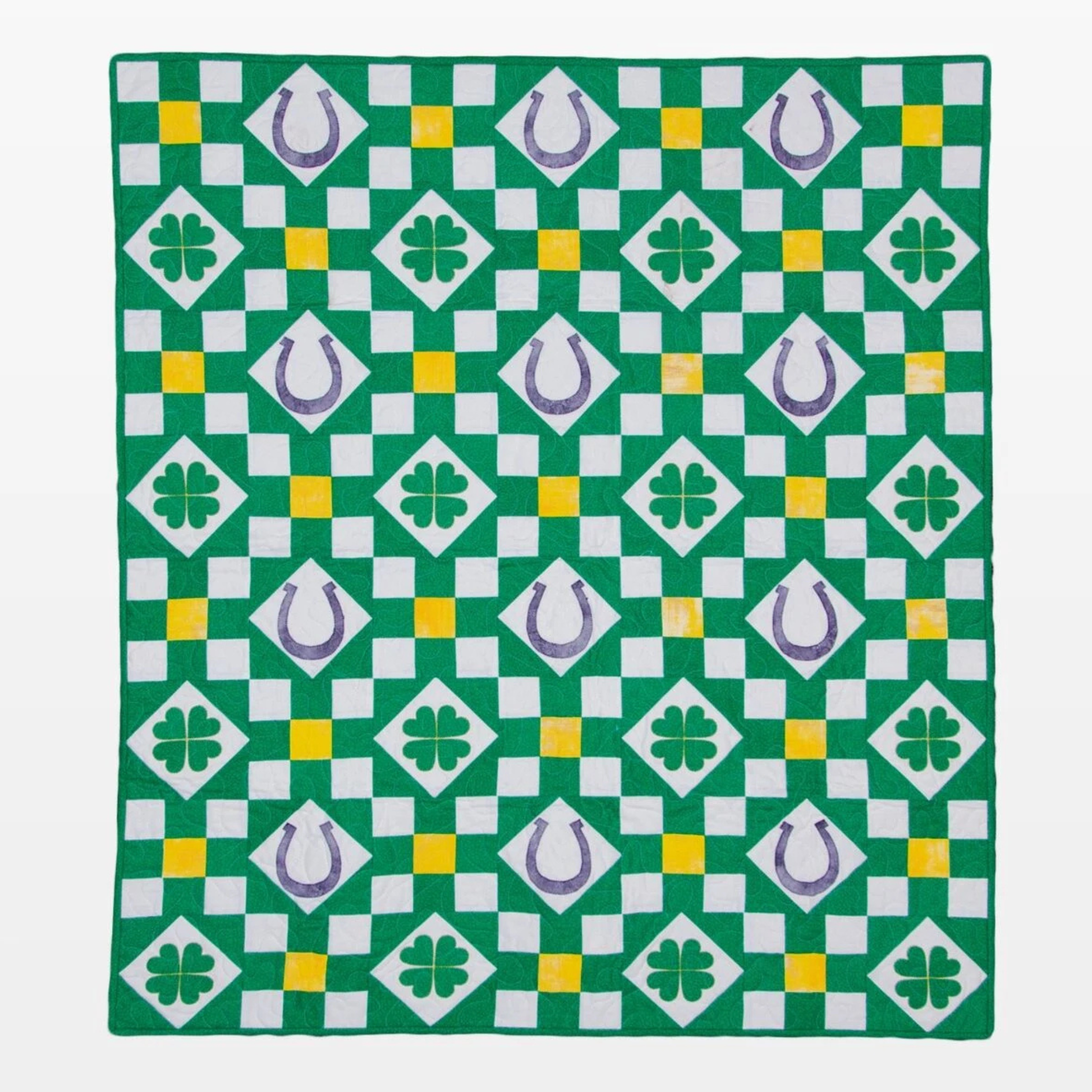 AccuQuilt GO! Western Medley horseshoe and clover checkerboard quilt in green, white and yellow