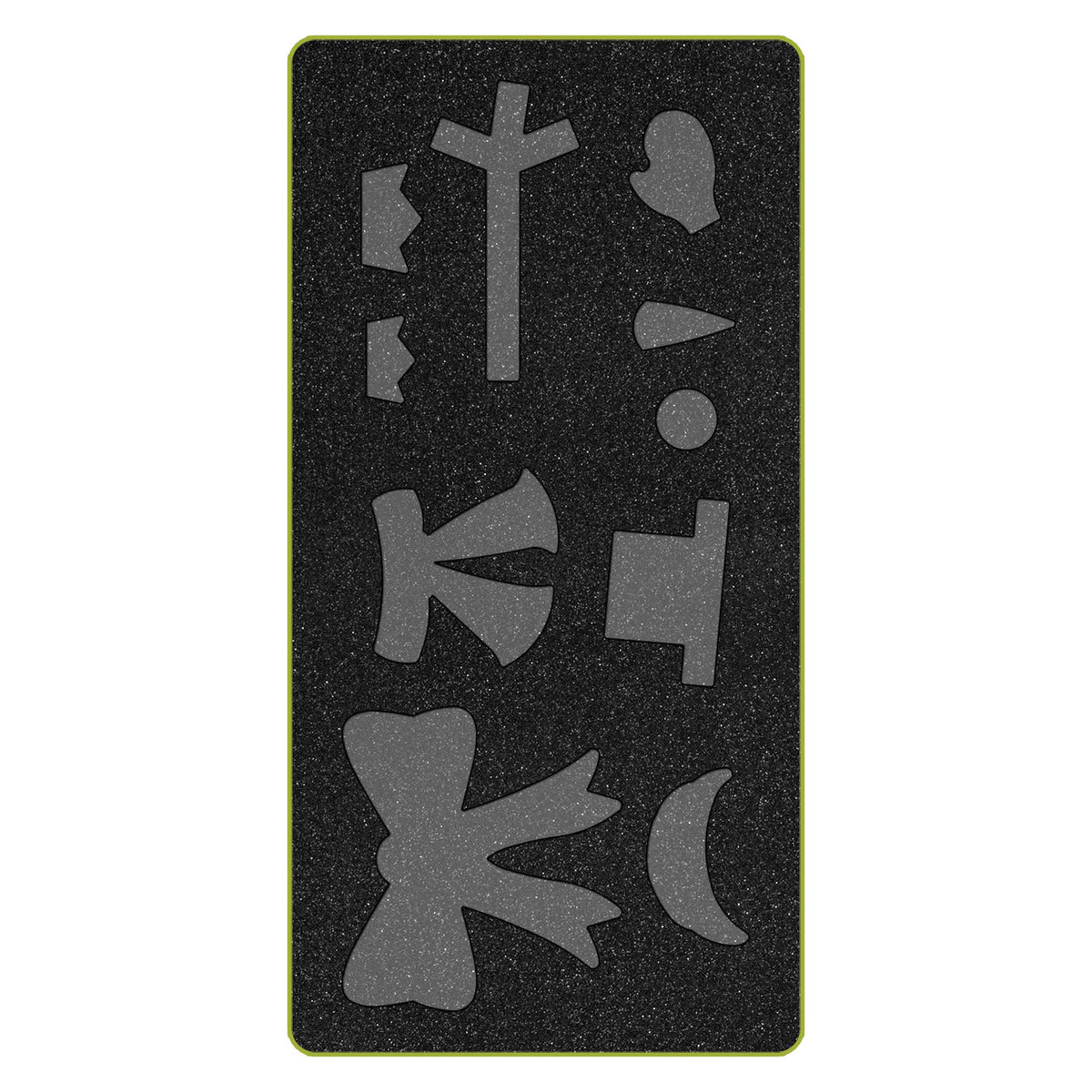AccuQuilt GO! Holiday Accessories cutting die shown flat with hat, arms, mitten, bow and moon shapes