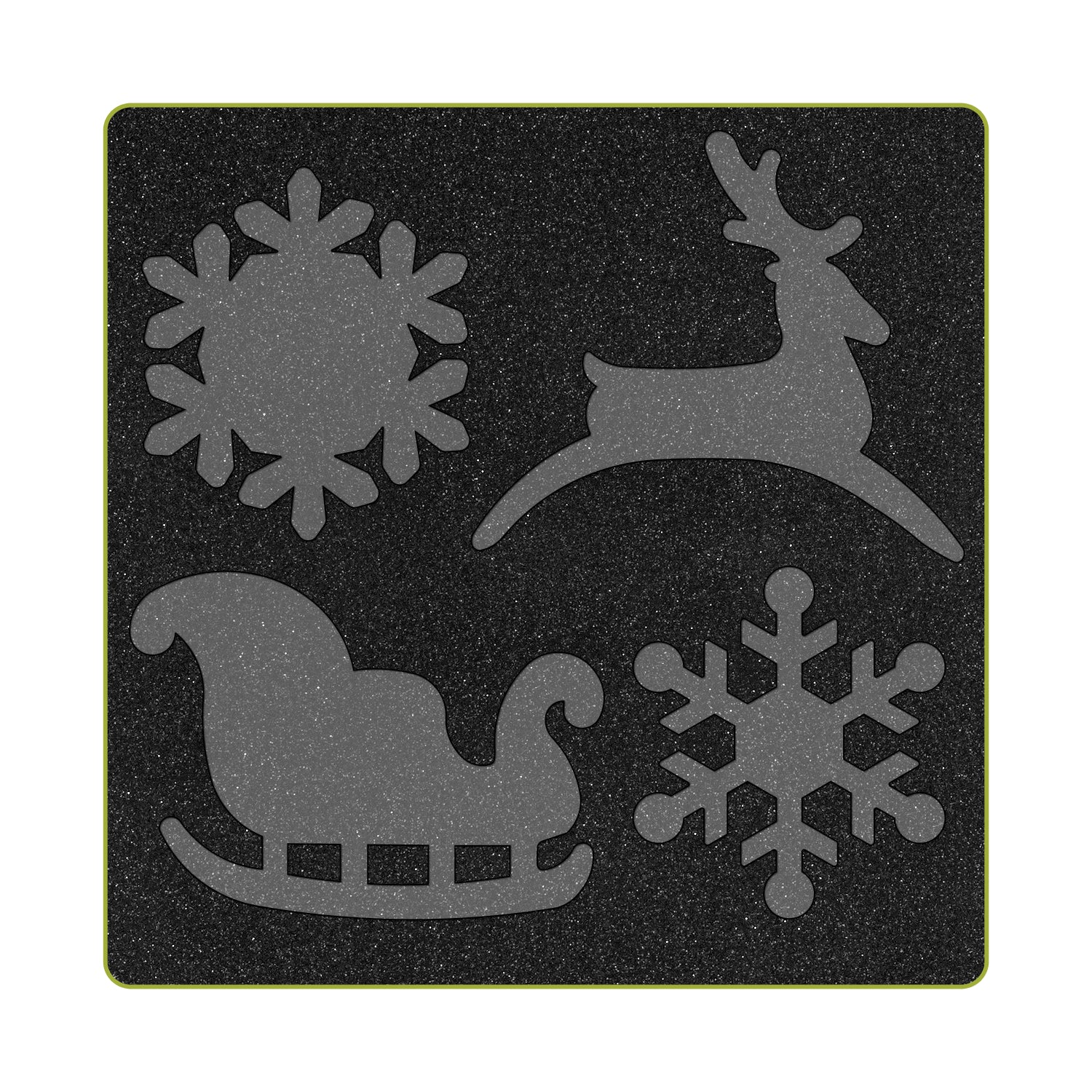 AccuQuilt GO! Sleigh & Snowflakes cutting die shown flat with snowflake, reindeer, sleigh and snowflake shapes