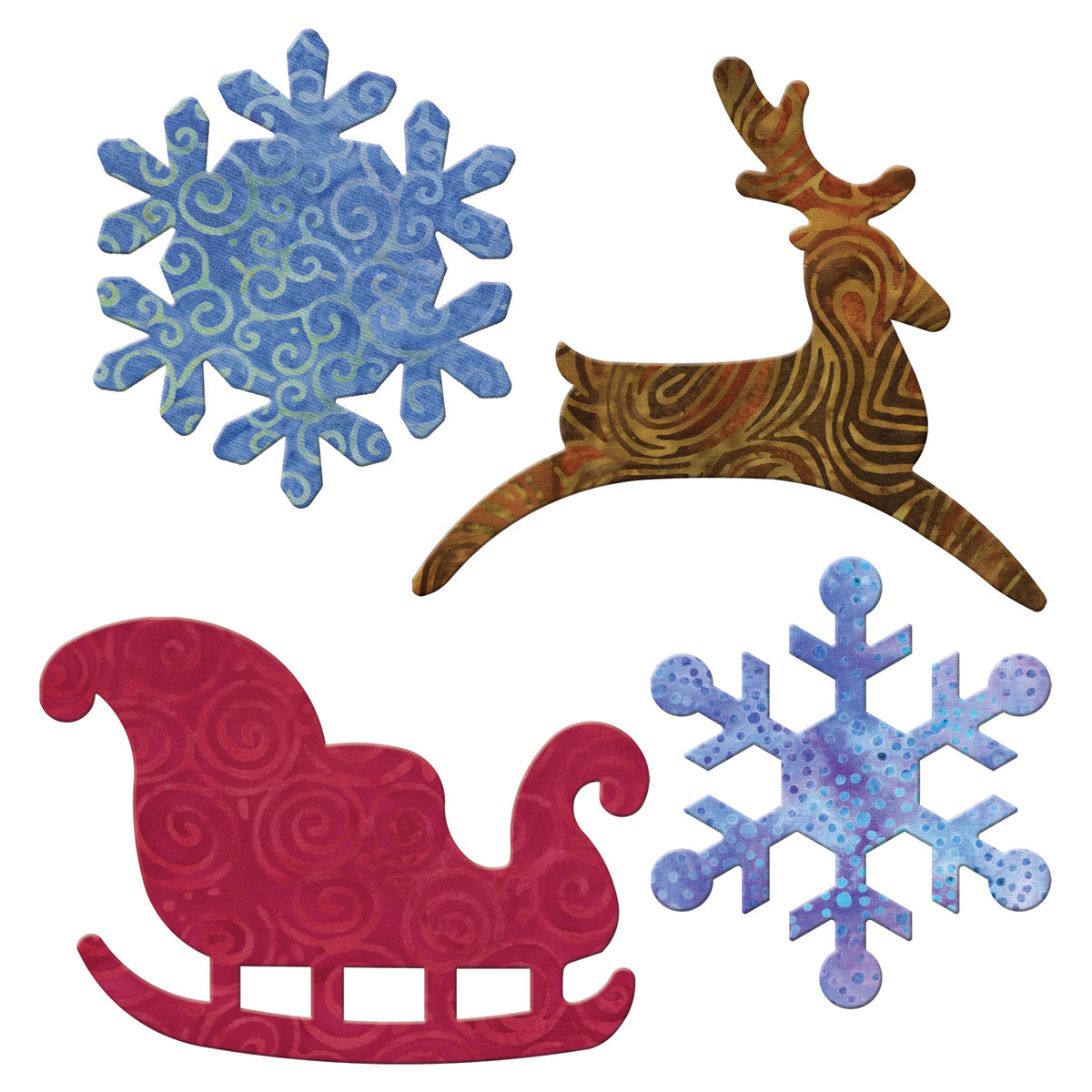 AccuQuilt GO! Sleigh & Snowflakes shapes in blue swirl, brown swirl reindeer, red swirl and purple dotted prints