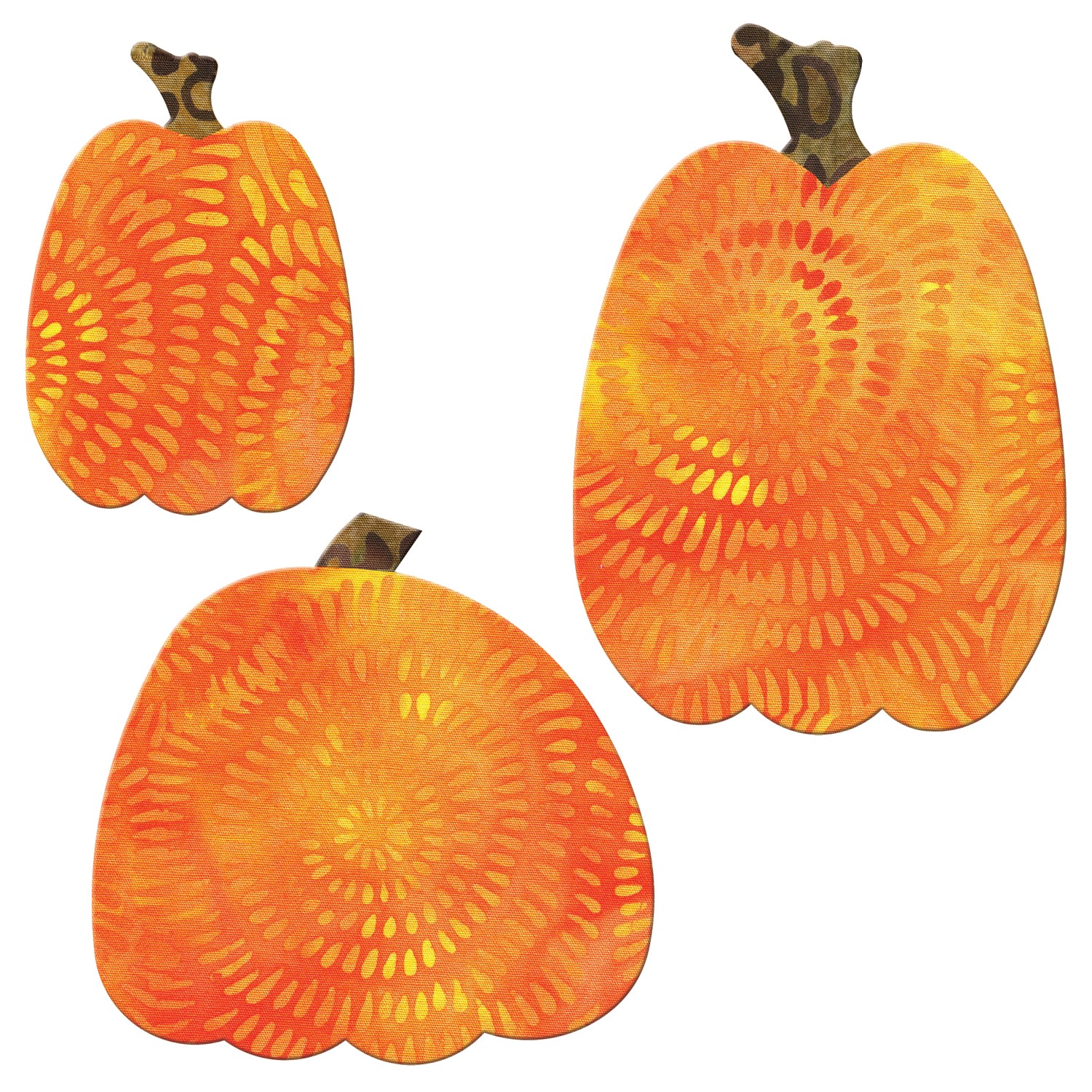 AccuQuilt GO! Pumpkins shapes in an orange sunburst print, shown in three sizes and angles
