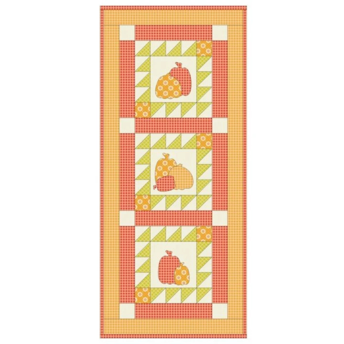 Design diagram for a table runner with pumpkin trio blocks, green triangles and a gingham border