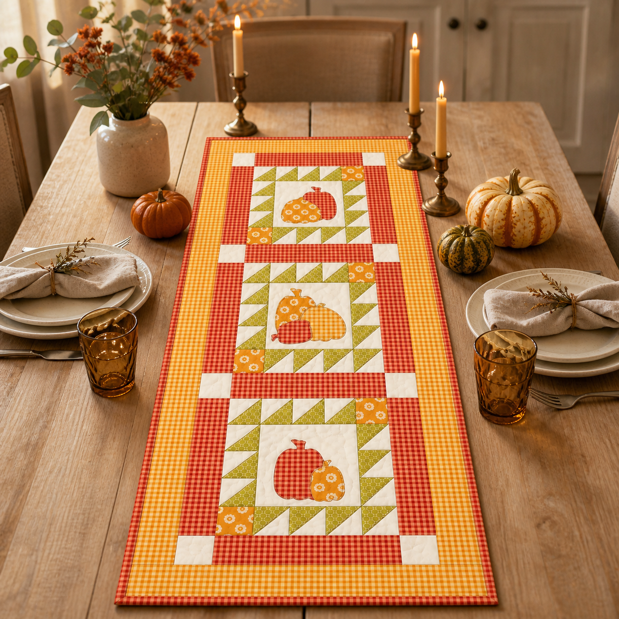 AccuQuilt GO! Pumpkins table runner styled on a table with candles, real pumpkins and place settings