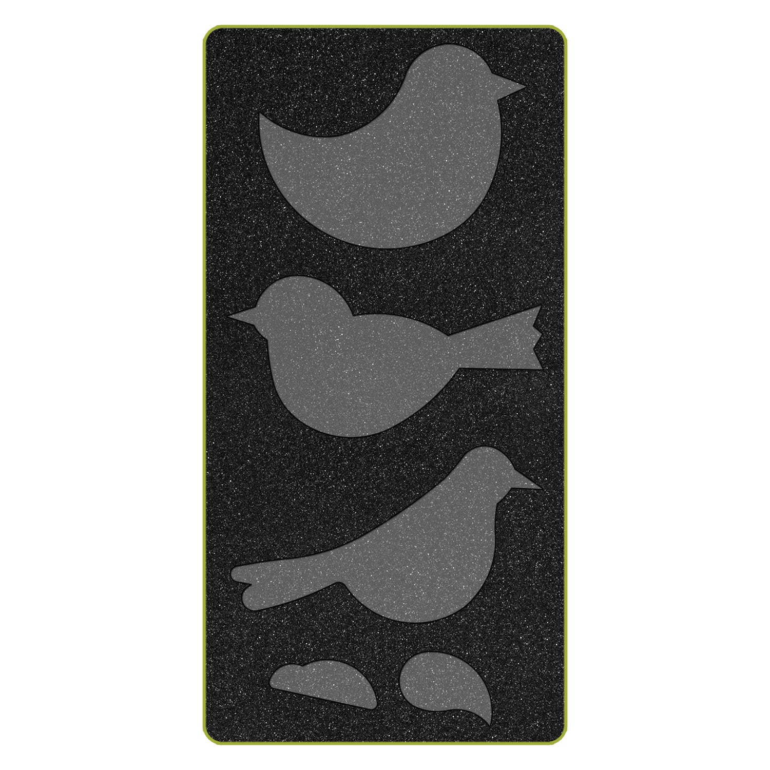 AccuQuilt GO! Birds cutting die shown flat with three bird body shapes and two wing shapes