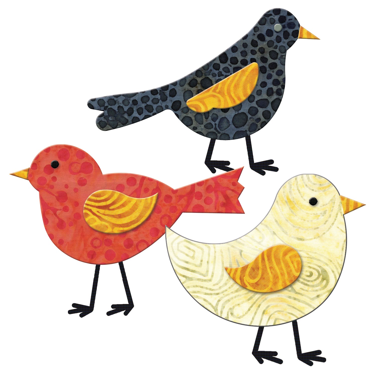 AccuQuilt GO! Birds shapes in navy dotted, red dotted and yellow swirl prints with orange wings