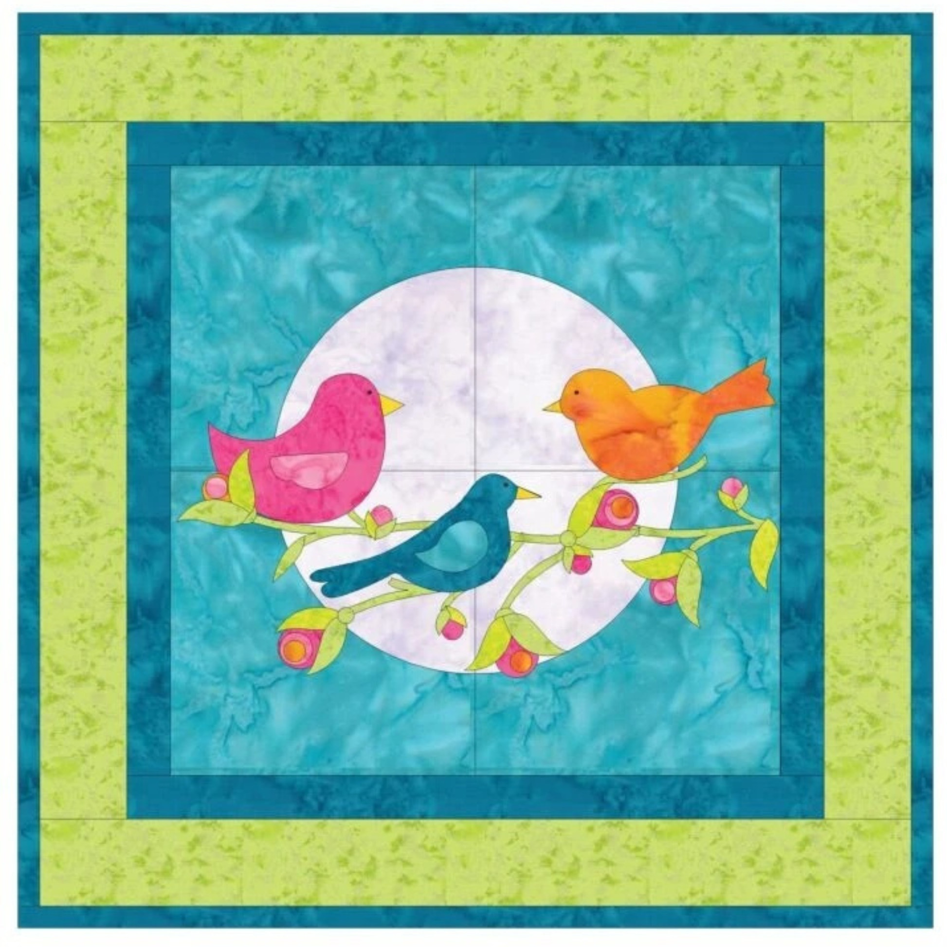 Design diagram for pink, orange and teal birds perched on a branch in front of a moon