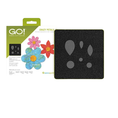 AccuQuilt GO! Crazy Petals die packaging with pink, orange and blue layered flowers