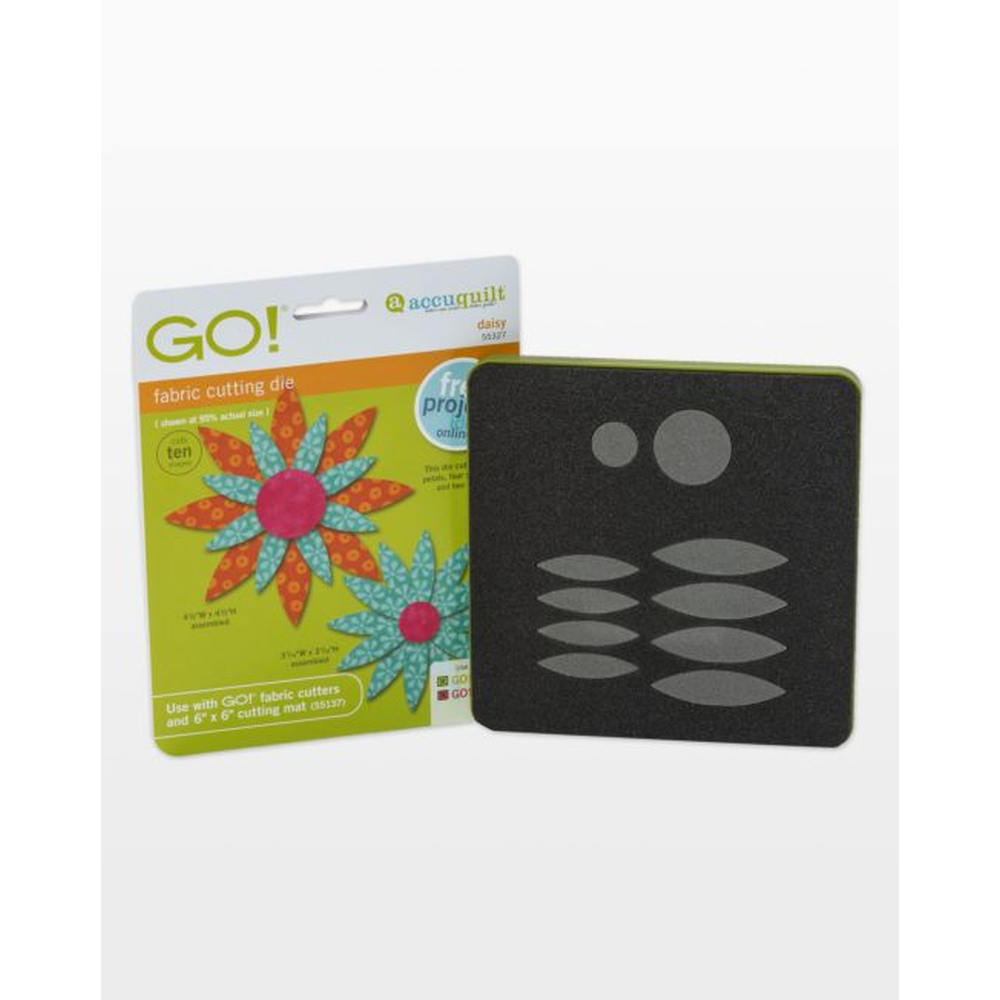 AccuQuilt GO! Daisy die packaging with an orange and teal ten-petal daisy with a pink centre