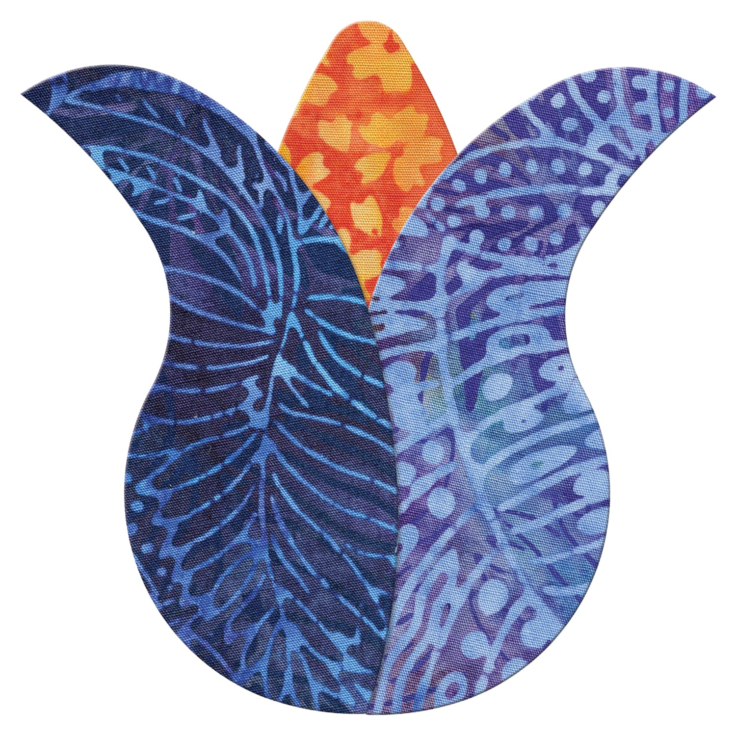 AccuQuilt GO! Tulip shape in navy leaf print, orange dotted and purple batik petals