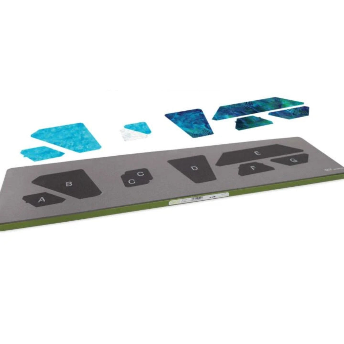 AccuQuilt GO! Airplane die with blue fabric pieces shown above the corresponding labelled cutting shapes
