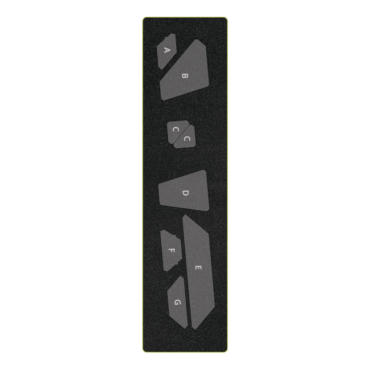 AccuQuilt GO! Airplane die showing eight cutting shapes labelled A to G on black foam