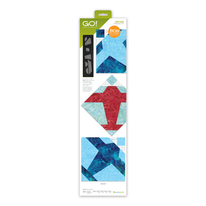 AccuQuilt GO! Airplane Block on Board die packaging showing the die shapes and three colourful Airplane quilt block examples