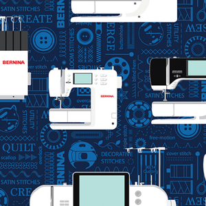 Benartex Bernina Machine Indigo cotton quilting fabric in an indigo colourway
