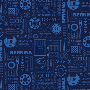 Benartex Bernina Stitches Indigo cotton quilting fabric in an indigo colourway
