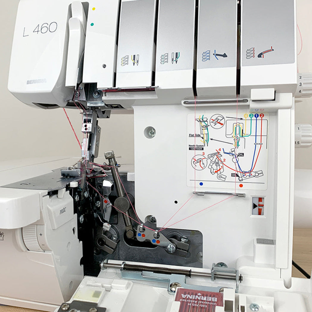 Bernina L460 overlocker close-up of looper threading area and colour-coded guides