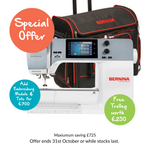 Bernina B570QE Special Offer - sewing machine and black carry bag bundle with promotional offer text on white background