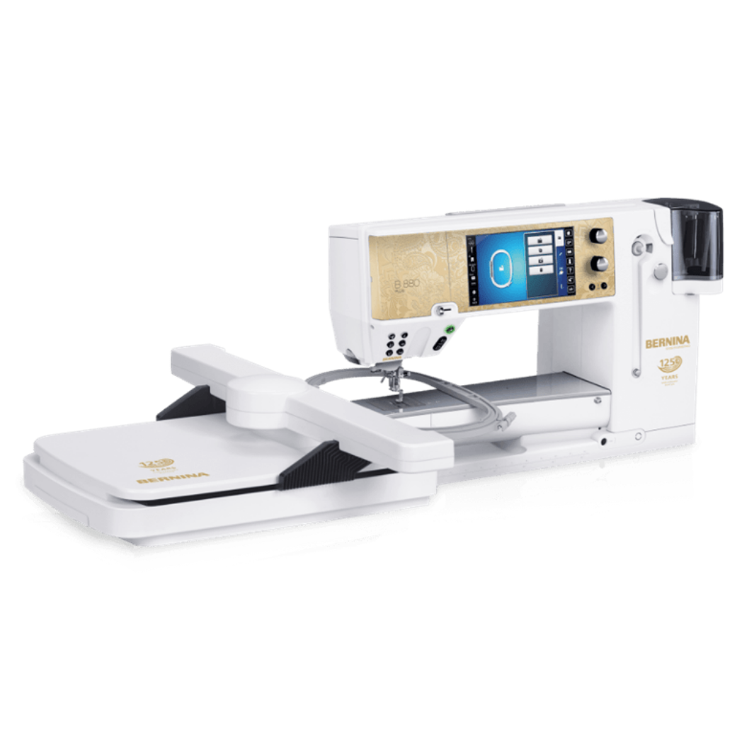 Bernina 880E PLUS Anniversary Edition, angled embroidery arm attached, ready for embroidery
