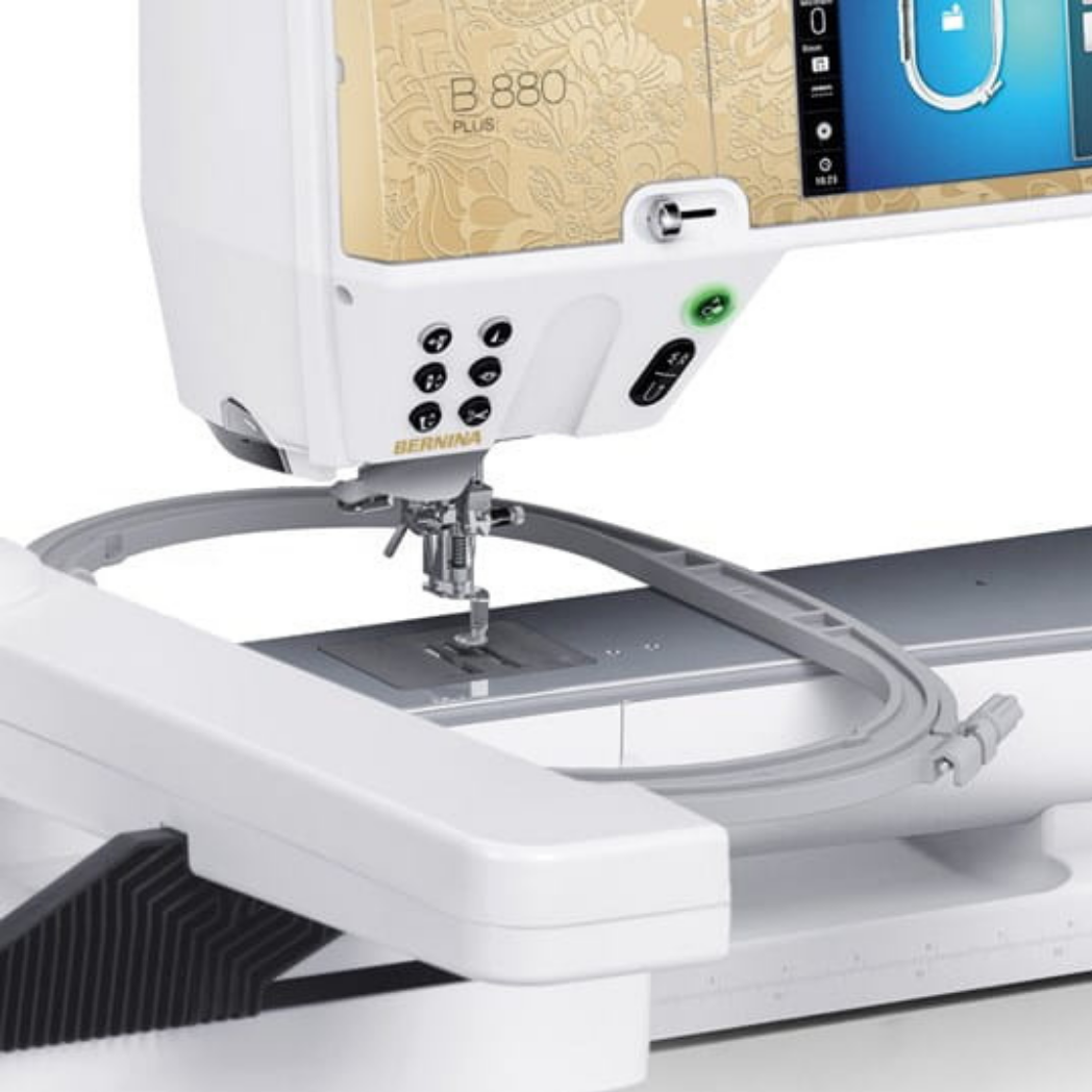 Bernina 880E PLUS Anniversary Edition, close up embroidery arm attached, ready for embroidery