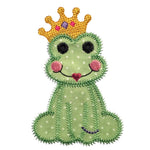 Embroidered patch of a green frog with a gold crown on a white background