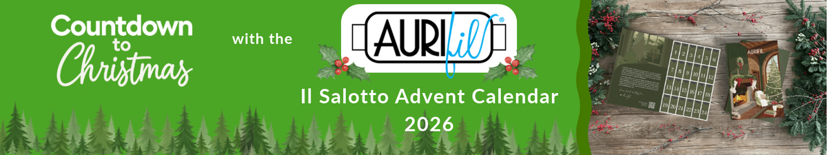 Countdown to Christmas with the Aurifil Il Salotto Advent Calendar 2026, showing festive packaging and numbered doors beside the Aurifil logo.