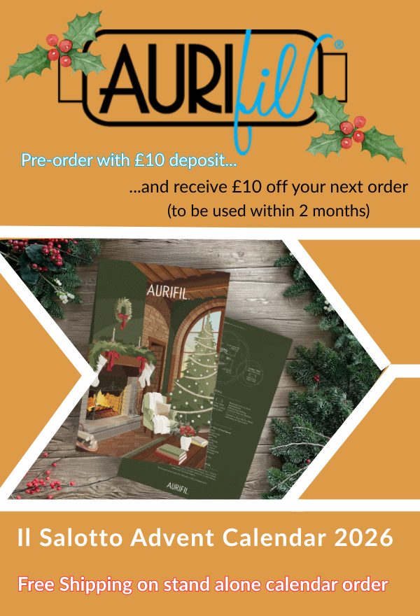 Aurifil Il Salotto Advent Calendar 2026 promotional banner. Pre-order with a £10 deposit and receive £10 off your next order, to be used within 2 months. Free shipping on stand-alone calendar order. Features the advent calendar box with a festive cosy living room illustration.
