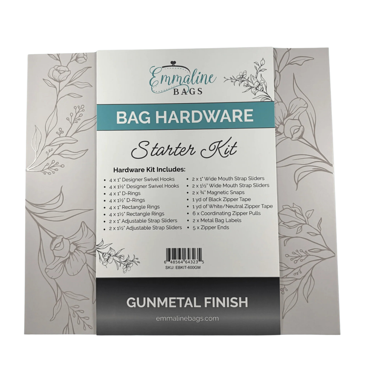 Emmaline Bags Hardware Starter Kit flat packaging front in Gunmetal finish with botanical debossed design