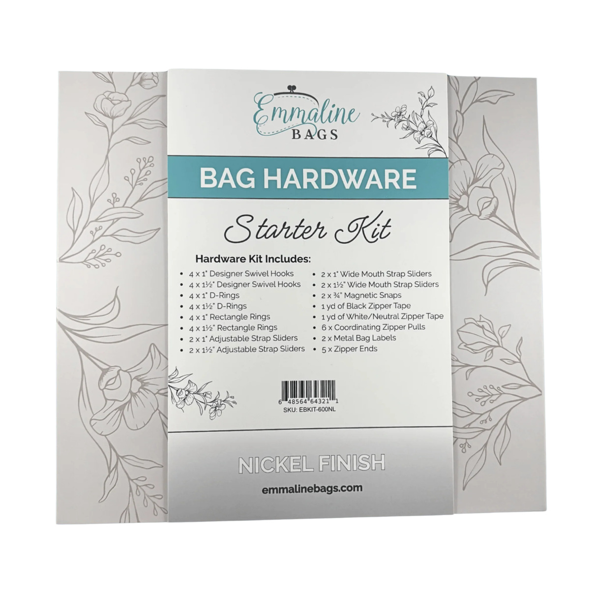 Emmaline Bags Hardware Starter Kit flat packaging front in Nickel finish with botanical debossed design