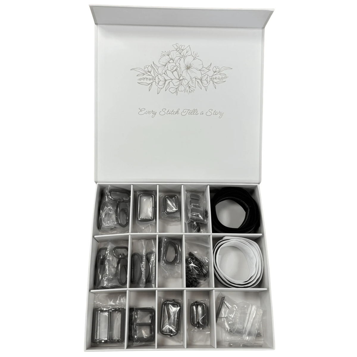 Emmaline Bags Hardware Starter Kit open box in antique brass finish - all hardware pieces arranged in compartments
